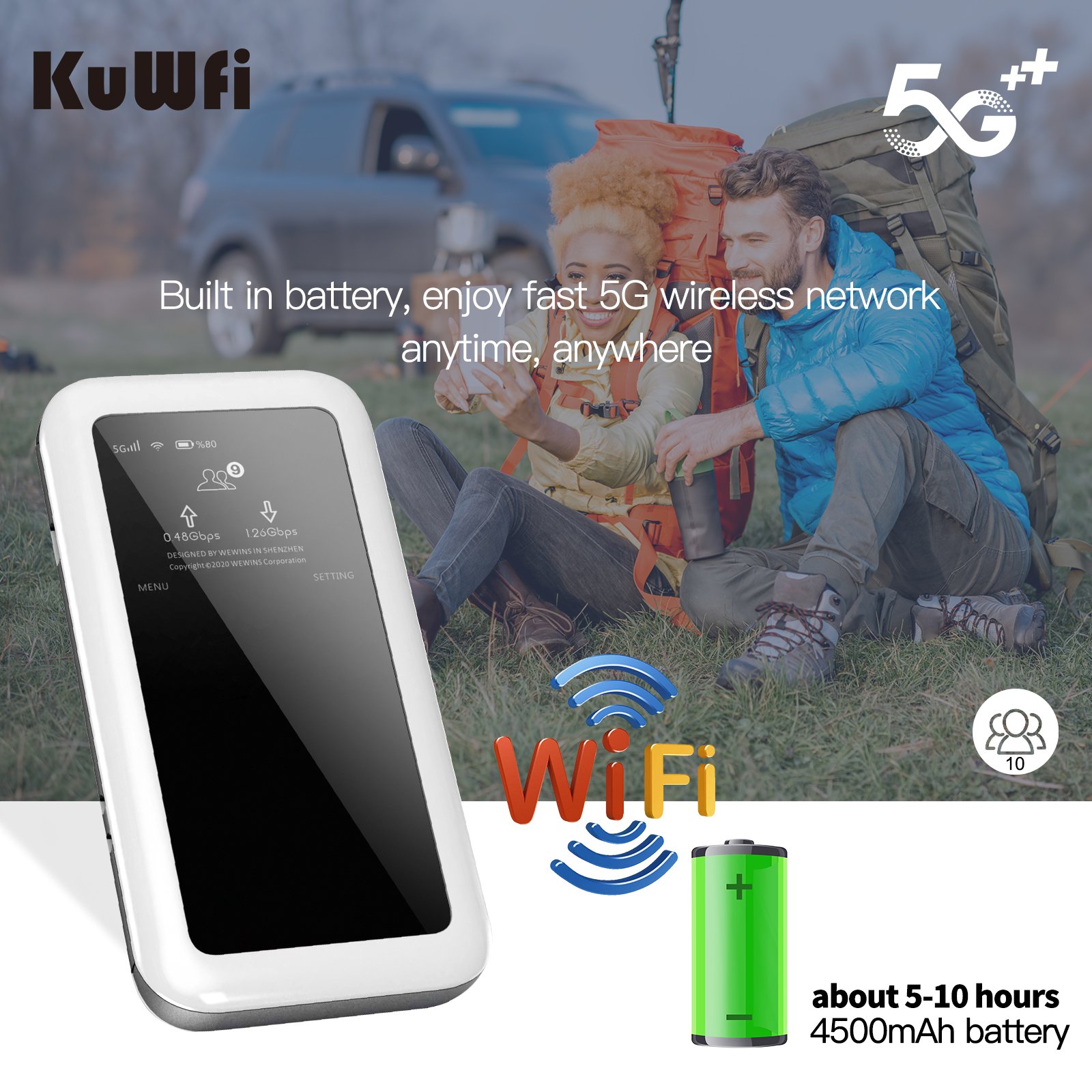 Dual Frequency KuWFi M46 AX1800 Portable Router SDX62 5G with 3000 Mbps Speed and 4500 Mah Battery High-Speed Mini Wifi